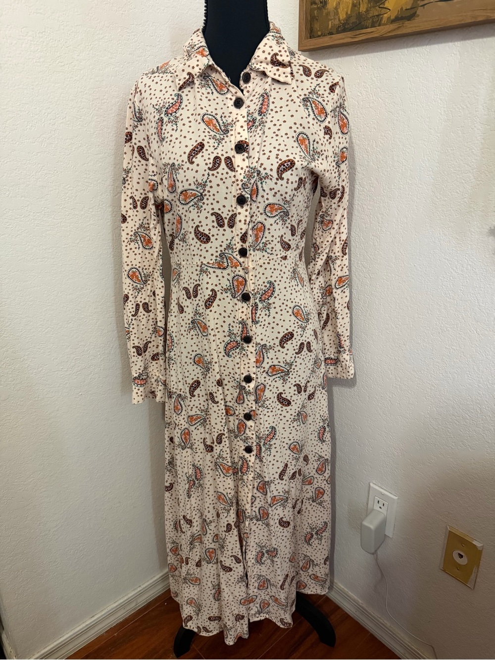 Lefties Printed Long Sleeve Button Front Maxi Dress in Cream with Paisleys - M